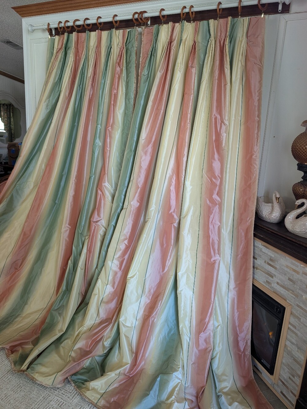 Custom Silk Drapes Pinch Pleat Lined/Interlined Striped 98W x 97.5L Fringe USA
